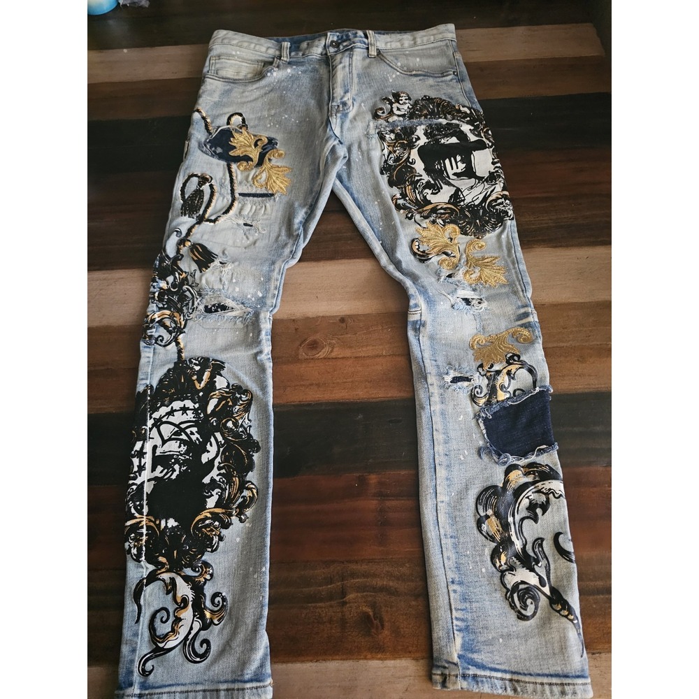 Smoke Rise Denim Co. Men's Jeans 34x32 Baroque Graphic Distressed Light Wash